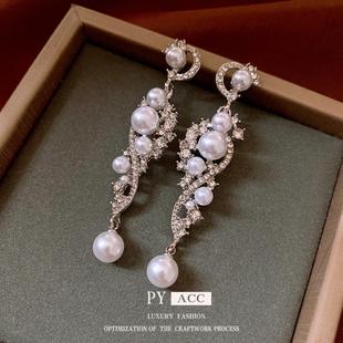 银针镶钻珍珠长款耳环复古夸张设计感耳钉法式小众高级感耳饰