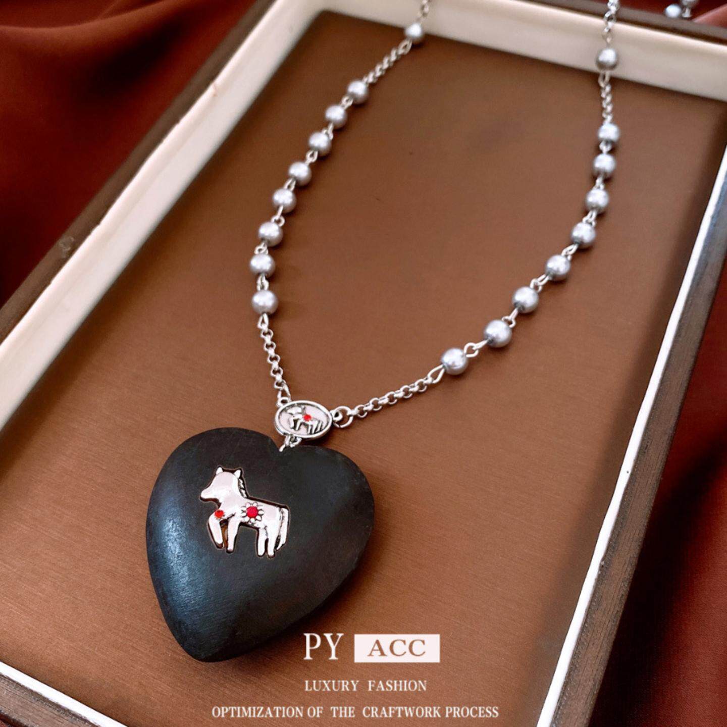 珍珠串珠木头爱心吊坠项链复古民族风时尚毛衣链日常百搭项饰小众