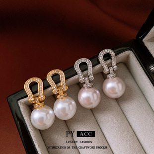 银针锆石马蹄扣珍珠耳环法式复古轻奢耳钉简约小众高级感耳饰