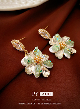 银针镶钻花朵椭圆耳环轻奢时尚甜美气质耳钉复古高级感耳饰女