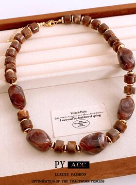 民族风亚克力圆形串珠吊坠项链复古时尚气质锁骨链设计感小众项饰