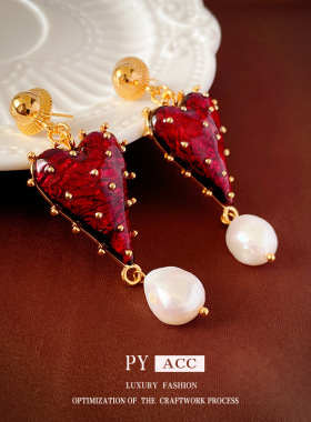 中古vintage耳环 真金电镀银针爱心珍珠耳钉复古高级感耳饰女