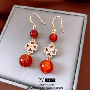 中国风红色锆石花朵玛瑙吊坠耳环新中式复古耳钩轻奢高级感耳饰女