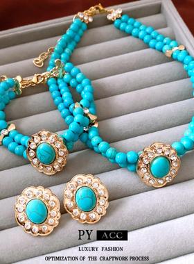 珍珠串珠椭圆形吊坠耳环项链中古vintage毛衣链复古百搭首饰套装