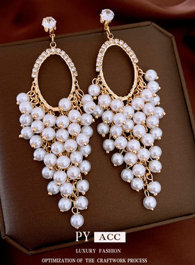 银针锆石椭圆珍珠流苏耳环法式复古气质耳坠高级感时尚百搭耳饰女