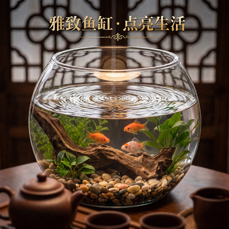 鱼缸客厅2026新款小金鱼乌龟饲养家用仿玻璃古法小型桌面生态缸