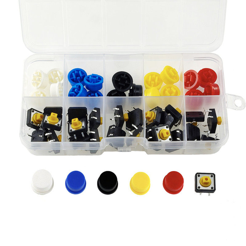 轻触按键开关12*12*7.3黄色+五种颜色的圆帽套装（50只/套),电子元器件市场,轻触开关/触摸开关,淘宝优惠券,粉丝福利购,淘宝优惠卷