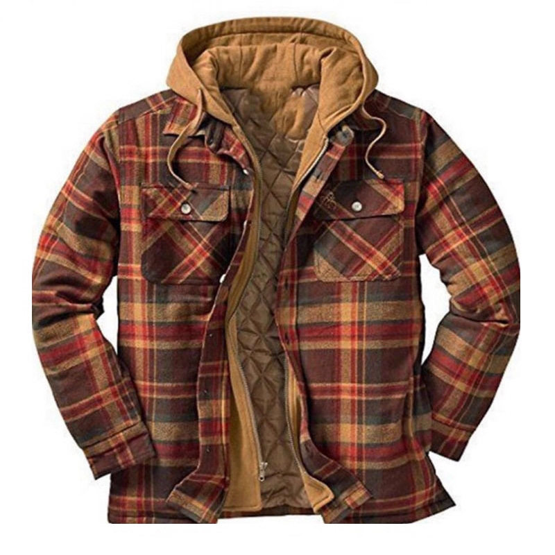 外贸爆款男装 欧美秋冬款加厚格纹棉衣 长袖连帽衬衫款外套现货