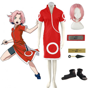 火影忍者春野樱装1代动漫Cosplay女装/假发/鞋子套装现货