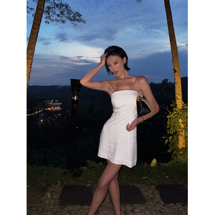 VanessaLab夏日海滩度假优雅短款抹胸连衣裙女白色海岛雨露麻裙子