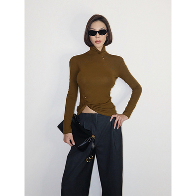 VanessaLab冬气质简约长袖t恤女褶皱设计修身高领金属打底衫上衣