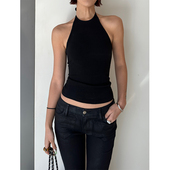 VanessaLab 上衣 修身 夏季 黑色性感露背紧身挂脖背心女螺纹短款