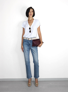 【5折】九分小烟管裤蓝色牛仔裤女复古中腰法棍裤显瘦百搭裤子