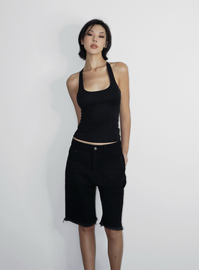 【5折】夏季黑色五分裤毛边百搭牛仔短裤女美式休闲复古直筒裤