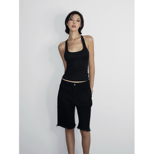 5折 女美式 夏季 毛边百搭牛仔短裤 休闲复古直筒裤 黑色五分裤