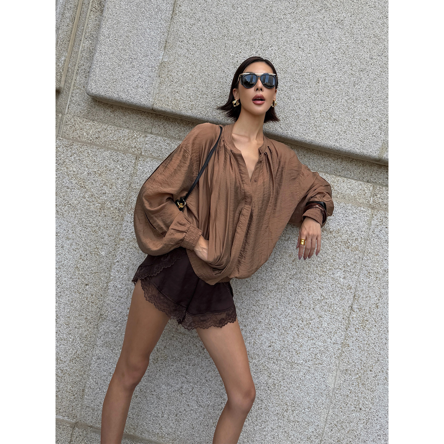 VanessaLab私服低腰弹力腰身咖色休闲ins风外穿居家拼接蕾丝短裤