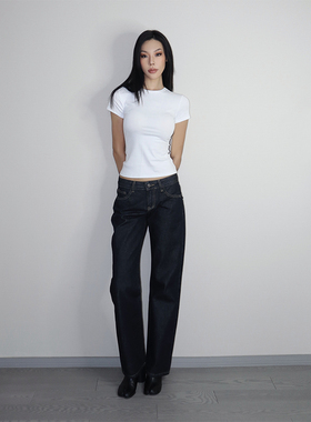 VanessaLab 春夏中腰极简风直筒显瘦休闲牛仔裤女百搭明线原长裤