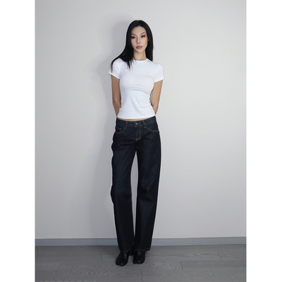 VanessaLab 春夏中腰极简风直筒显瘦休闲牛仔裤女百搭明线原长裤