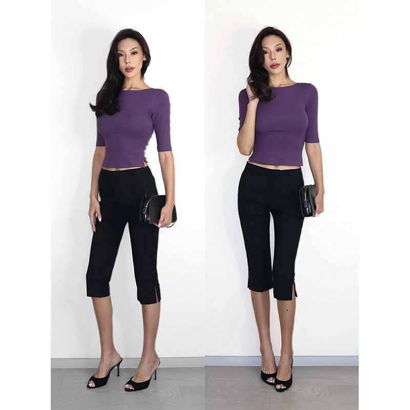 VanessaLab 夏季黑色修身七分短裤女低腰侧开叉显瘦紧身休闲裤