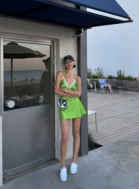 VanessaLab 夏季绿色缎面蕾丝连衣裙子女夏季设计感露背绑带短裙