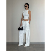 夏季 抽绳设计感休闲裤 elsa松紧腰白色工装 女阔腿裤 裤 VanessaLab