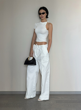 VanessaLab 夏季elsa松紧腰白色工装裤女阔腿裤抽绳设计感休闲裤