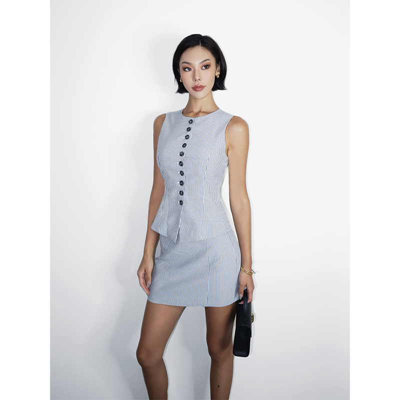 【5折】法式复古小众老钱套装女条纹收腰背心马甲半裙两件套