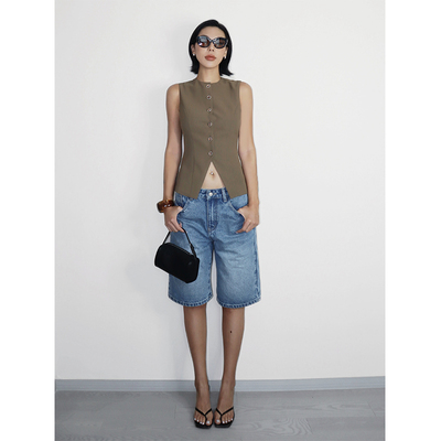 VanessaLab 夏季复古水洗蓝色牛仔短裤女休闲百搭直筒宽松五分裤