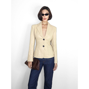 VanessaLab 辣妹仿绵羊皮西装女短款修身收腰显瘦米黄色皮衣外套