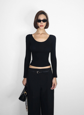 VanessaLab大圆领连体黑色百搭弹力长袖打底修身性感舒适长袖内搭