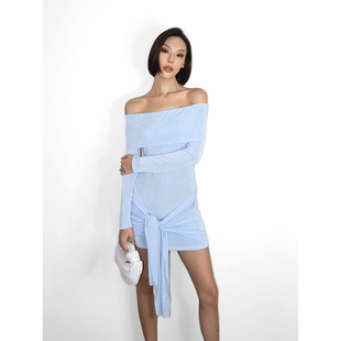 VanessaLab 性感风一字肩连衣裙女蓝色长袖系带收腰A字裙小众裙子