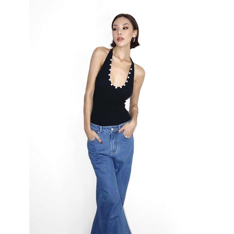 VanessaLab辣妹风黑色无袖挂脖无袖背心露背夏季纽扣修身显瘦上衣