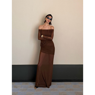 VanessaLab性感一字领长袖连衣裙女修身收腰一步裙气质显瘦长裙子