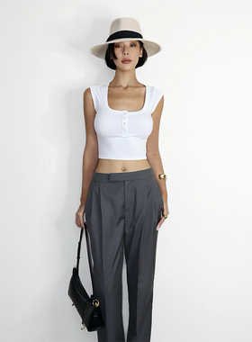 【5折】简约无缝罗纹修身方领短袖t恤女白色短款打底套头上衣