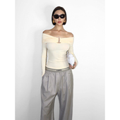 VanessaLab 上衣 显瘦亲肤短款 鹅黄色一字肩长袖 t恤女春秋露肩修身