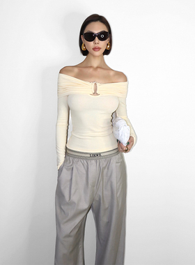 VanessaLab 鹅黄色一字肩长袖t恤女春秋露肩修身显瘦亲肤短款上衣