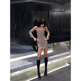 【5折】欧美风卡其南法露背两穿吊带小礼裙西装连衣裙侧腰镂空