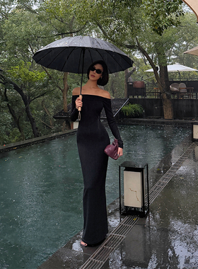 VanessaLab欧美一字领黑色露肩连衣裙女礼服长袖收腰显瘦拖地长裙