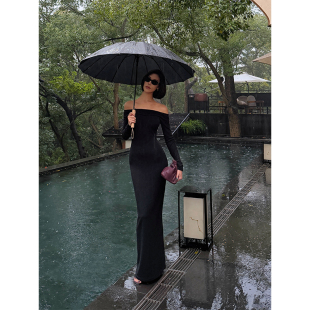 VanessaLab欧美一字领黑色露肩连衣裙女礼服长袖收腰显瘦拖地长裙