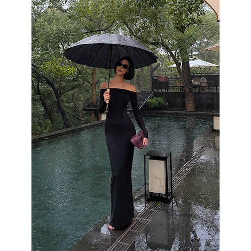 VanessaLab欧美一字领黑色露肩连衣裙女礼服长袖收腰显瘦拖地长裙