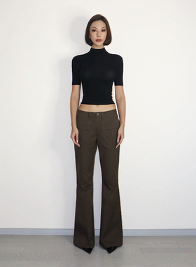 VanessaLab 秋冬军绿色斜纹微弹复古低腰极简微喇工装拖地休闲裤