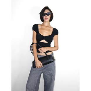 5折 短款 黑色性感镂空修身 t恤女夏泡泡袖 打底上衣 弹力短袖
