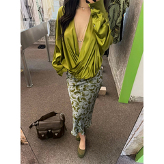 VanessaLab秋冬小众绿色DVN女士v领宽松缎面垂感交叉褶皱长袖衬衫