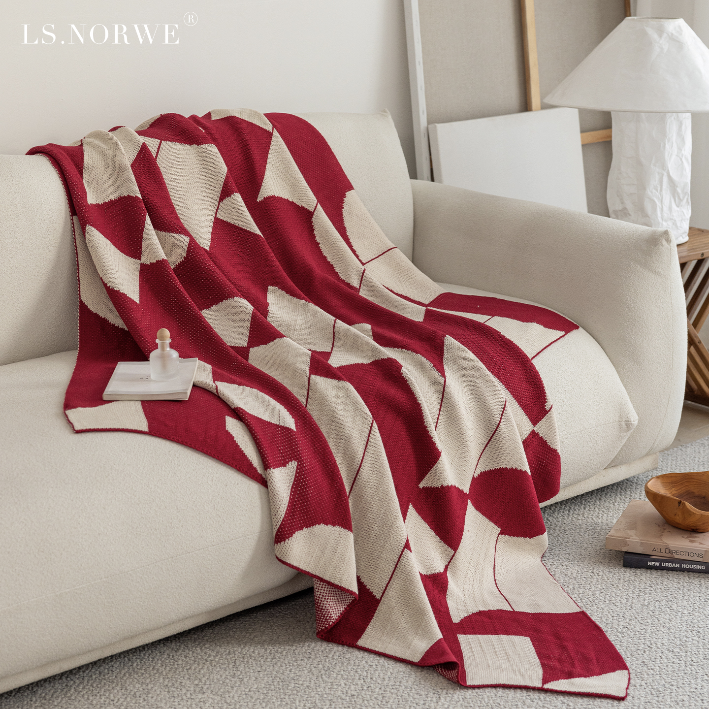 红色简约几何针织毯沙发毯床尾毯