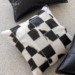 轻奢高端抱枕天然奶牛皮马毛枕套黑白样板间沙发靠枕靠垫现代简约