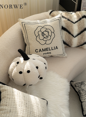 黑白法式抱枕高级感样板间软装客厅沙发靠枕装饰山茶花靠背靠垫