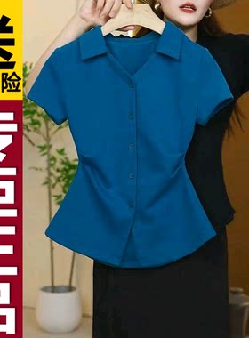正品显瘦收腰衬衫女法式Polo领小衫J纯色通勤百搭设计感T恤上衣