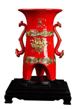 如意中国红漆线雕龙腾盛世摆件