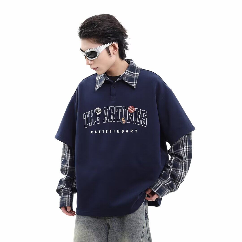 美式复古格子拼接假两件卫衣男潮牌学院风格纹Polo衫长袖