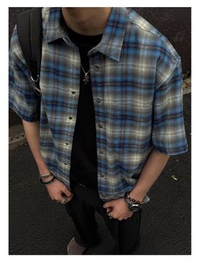 le高级感外套蓝色anfit短袖衬衫格子美式潮牌夏季痞帅衬衣男复古c